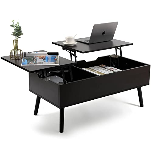 VOWNER coffee table, adjustable height, extendable, retractable, separate hidden storage compartment, double lift top, living room table, black walnut color.