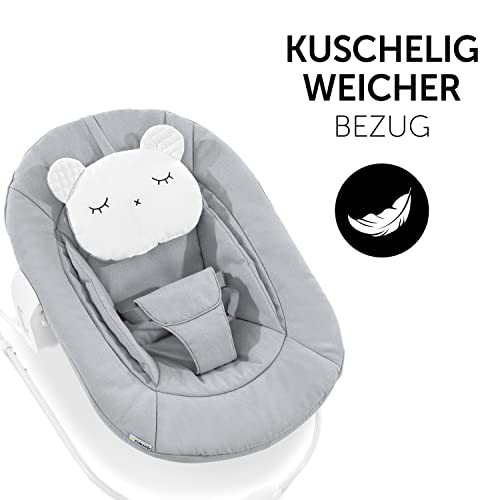 Hauck 2in1 Baby Bouncer & Newborn Set for Alpha+ & Beta+ Wood Highchairs. Alpha Bouncer 2in1, for babies from birth up to 9 kg, with 3-point hip belt, head pillow, and rocking frame (Pastel Bear Light Grey).