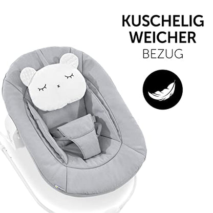 Hauck 2in1 Baby Bouncer & Newborn Set for Alpha+ & Beta+ Wood Highchairs. Alpha Bouncer 2in1, for babies from birth up to 9 kg, with 3-point hip belt, head pillow, and rocking frame (Pastel Bear Light Grey).