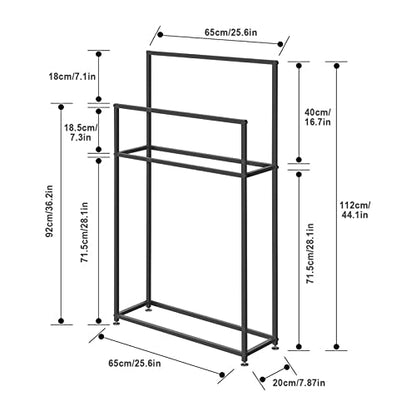 WING freestanding towel rack in metal, standing black bathroom towel holder with 3 towel bars, bath accessory and clothes valet, 65×20×110cm(L×W×H)