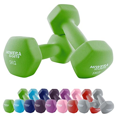 Miweba Sports Neoprene Dumbbell Set NKH100 | 𝐏𝐫𝐨𝐟𝐢 Dumbbell - Hex Dumbbells Set - Dumbbells - Dumbbell Set - Gym Dumbbells - Dumbbell Set - Dumbbell - 0.5-10 Kg (2X 5.0 kg, Green)