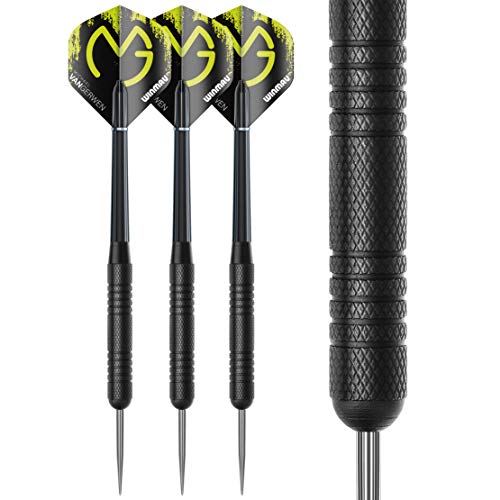 WINMAU MvG Mighty Mike Dart Cabinet Set includes bristle dartboard, 2 sets of darts, and accessories, L, Black.