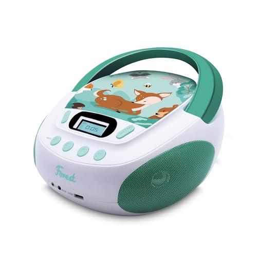 mooov 477147 CD player for kids with speakers, USB, headphone jack, AUX-IN port - Boombox CD player portable - AC or battery powered - Forest model - Green/White