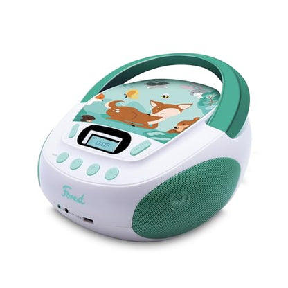 mooov 477147 CD player for kids with speakers, USB, headphone jack, AUX-IN port - Boombox CD player portable - AC or battery powered - Forest model - Green/White