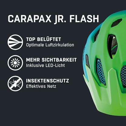 ALPINA CARAPAX JR. FLASH - Illuminated, Lightweight, and Safe LED bike helmet with insect net for children, green-blue, 51-56 cm.