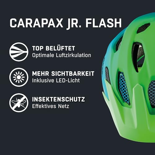 ALPINA CARAPAX JR. FLASH - Illuminated, Lightweight, and Safe LED bike helmet with insect net for children, green-blue, 51-56 cm.