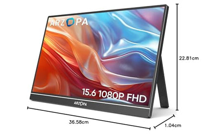 ARZOPA Portable Monitor, 15.6" 1920×1080 FHD IPS Second Screen for Laptop with Stand, Ultra-Thin Dual Monitor for Laptop/PC/Mac/PS3/4/5/Xbox - USB C & HDMI Connection - A1