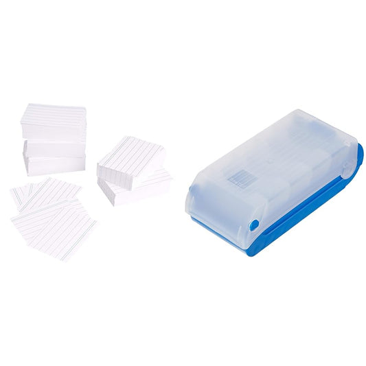 Amazon Basics A8 index cards (7.4 cm x 5.2 cm), lined, white, 1000 pieces & TimeTex index box for A8 plastic, blue