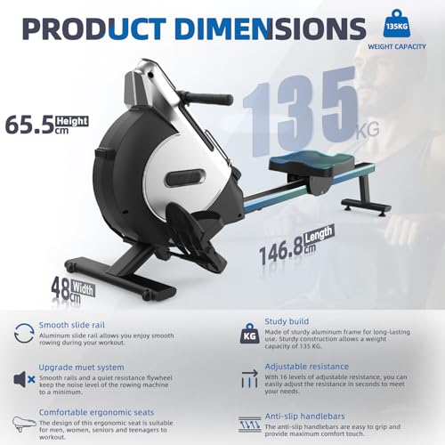 Neezee rowing machine with 16-level magnetic resistance, super silent rowing machine with LCD display, aluminum slide rail and tablet holder, improved rowing machine for home, silver.