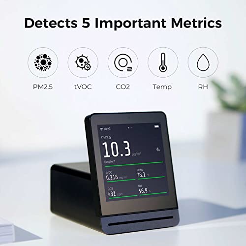 Qingping Air Quality Monitor detects PM2.5, temperature, CO2, and humidity indoors. A rechargeable device with 2 colors, this smart sensor is ideal for bedrooms in a smart home.