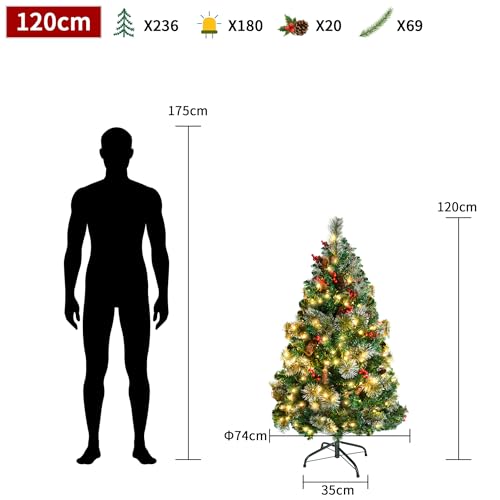 FIVMEN Artificial Christmas Tree with Lights 120 cm PVC Faux Christmas Tree with 180 LEDs and Stand Fake Christmas Trees Christmas Decorations, with Pine Cones and Berries