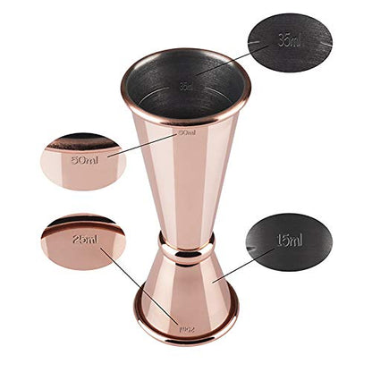 Buddy's Bar - Moscow Mule Complete Set features 2 x 500 ml cocktail cups, 27 cm bar spoon, 5 cl jigger & black lime squeezer, food-safe and comes in a gift box. Copper hammered design.