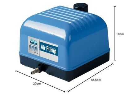 AquaForte Hi-Flow V-20 aluminum casing air pump, 15 watts, 3 liters per minute, max pond capacity 12 m3, DC powered.