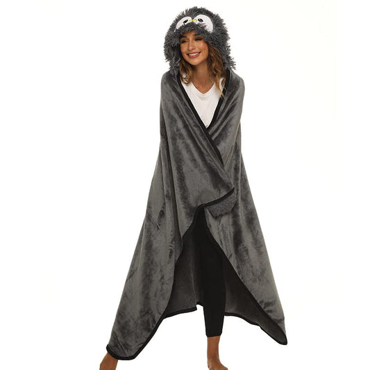 Gifts for women, Portable blanket for women, Penguin gift for women, Sofa blanket Penguin blanket Warm cuddly blanket Fluffy Blanket with hat and gloves, 150 x 125 cm, Dark Grey-Penguin