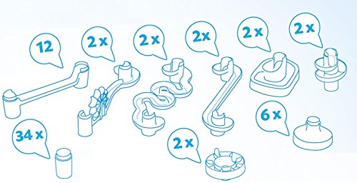 SIMM Toys Lena 65279 - Cascade Ball Track for Kindergarten with 62 track elements and 20 glass marbles in a brown shipping box.