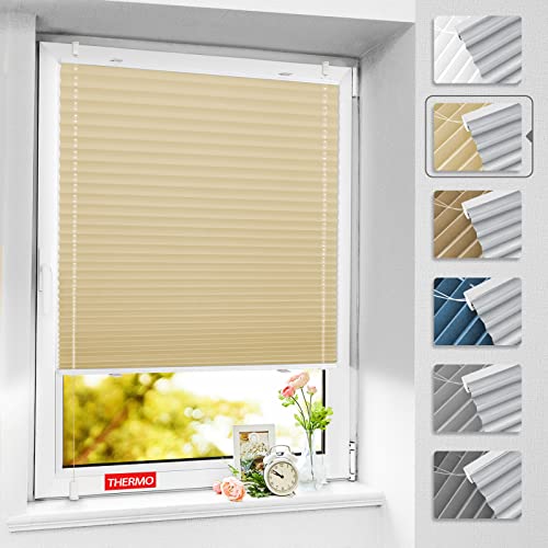 BelleMax pleated blind without drilling, thermal pleated roller blind with clamp fixation, light beige 45x140cm (WxH), blackout pleated blind 100% lightproof for windows, opaque privacy sun protection