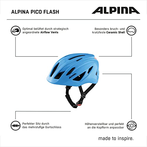 ALPINA PICO Flash - Illuminated, Lightweight & Impact-Resistant Bike Helmet with Insect Net for Kids, neon Blue Gloss, 50-55 cm
