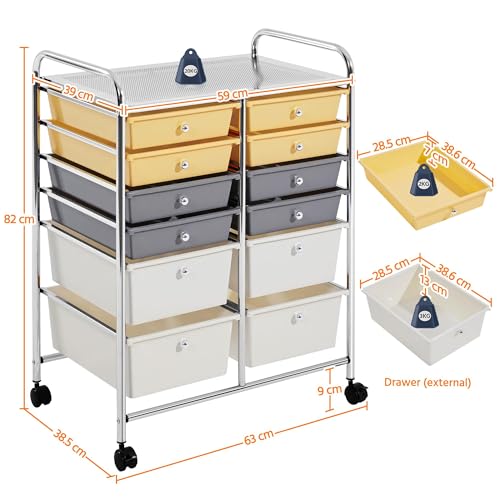 Yaheetech Kitchen Trolley on Wheels, Rolling Kitchen Cart with 12 Stackable Drawers, Utility Cart for Bathroom, Kitchen, Office, Makeup, 63 × 38.5 × 82 cm, Yellow/Gray/Beige.