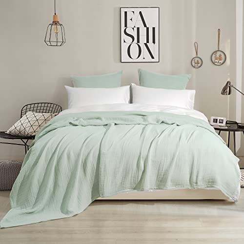 100% cotton muslin blanket 130x150cm, 4-layer soft skin-friendly & breathable bedspread, year-round comfort sage green sofa throw couch cover for bed sofa, Matcha green
