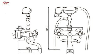 Hiendure® wall-mount two handle bathtub faucet with hand shower in rubbed oil bronze finish.