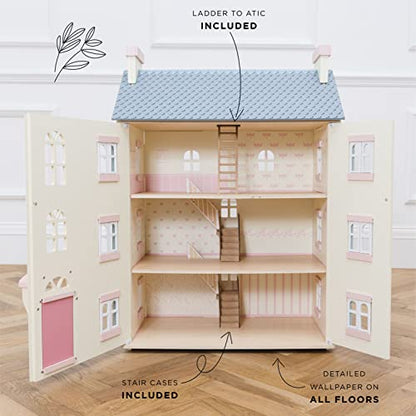 Le Toy Van - Cherry Tree Hall large wooden dollhouse | Wooden dollhouse play set with 4 floors for girls & boys - Suitable for children aged 3 years and above H150