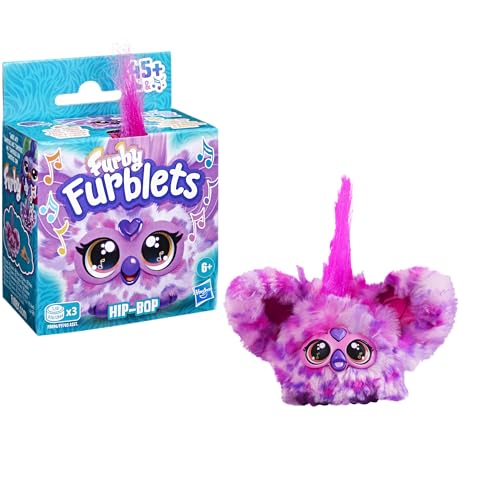 Furby Furblets Hip-Bop Mini, featuring hip-hop music & phrases in Furbish (over 45 sounds), plush toy in pink-purple pattern, suitable for kids aged 6 and up, an original stocking stuffer.