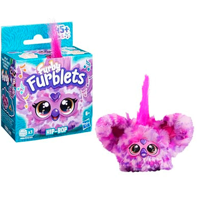 Furby Furblets Hip-Bop Mini, featuring hip-hop music & phrases in Furbish (over 45 sounds), plush toy in pink-purple pattern, suitable for kids aged 6 and up, an original stocking stuffer.