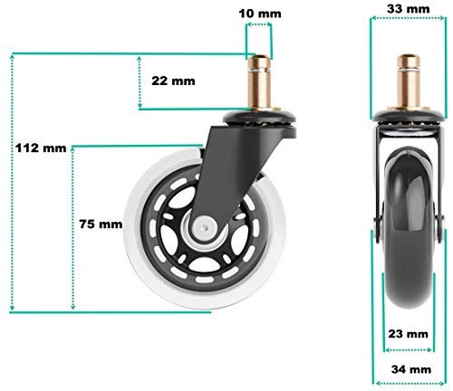 XeloTech 5-piece set of hard floor casters for IKEA office chair - 10mm x 22mm stem - Very quiet office chair casters - No more floor protection mat - No scratches on the floor with these premium casters.