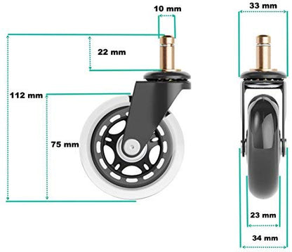 XeloTech 5-piece set of hard floor casters for IKEA office chair - 10mm x 22mm stem - Very quiet office chair casters - No more floor protection mat - No scratches on the floor with these premium casters.