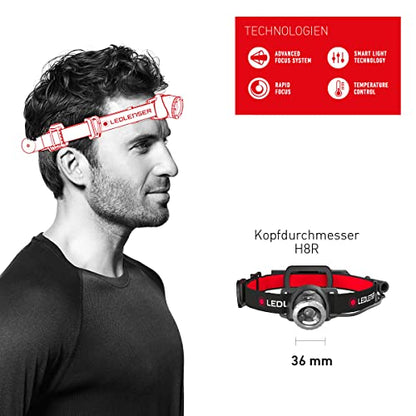 Ledlenser H8R headlamp with rechargeable lithium 18650 battery, 600 lumens, focusable, up to 120h runtime, red taillight, swiveling, USB charging cable.