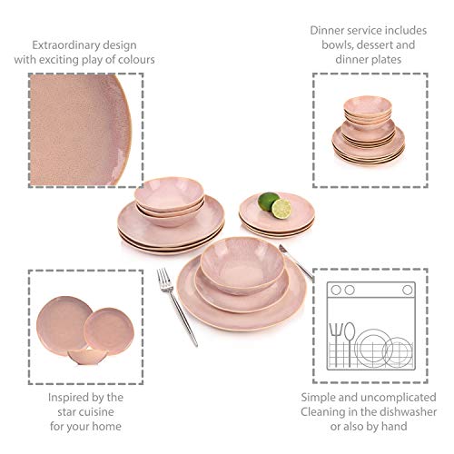 SINGER | Tableware Nice made of earthenware, 12-piece dinner set for 4 people, Pink with gold rim, Modern design