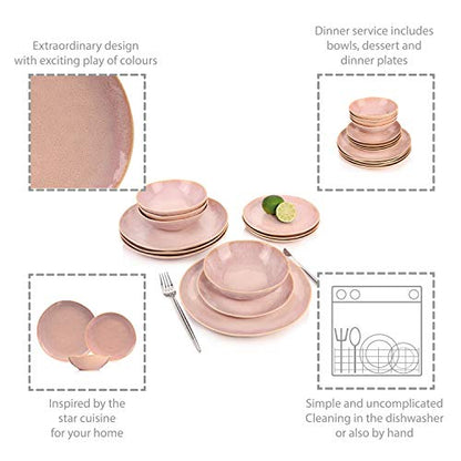 SINGER | Tableware Nice made of earthenware, 12-piece dinner set for 4 people, Pink with gold rim, Modern design