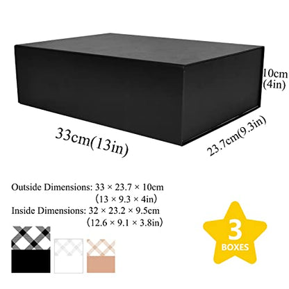Tekhoho 3-Pack Black Large Gift Box 33x23.7x10 cm, Premium Gift Box with Magnetic Lid for Holidays Wedding Birthday Gift Packaging, Checked Inner Lining