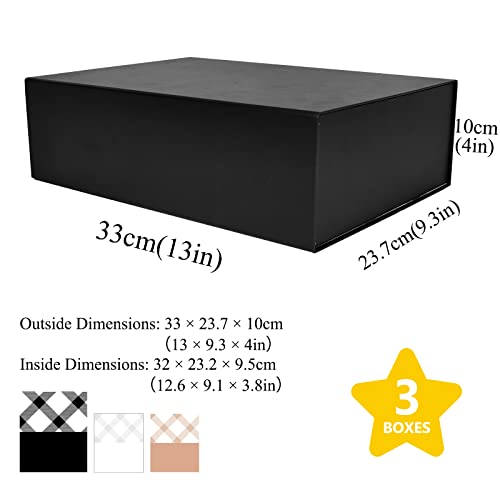 Tekhoho 3-Pack Black Large Gift Box 33x23.7x10 cm, Premium Gift Box with Magnetic Lid for Holidays Wedding Birthday Gift Packaging, Checked Inner Lining