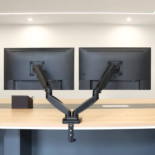 Amazon Basics dual monitor desk mount, gas spring monitor arm, adjustable, for monitors up to 27 inches (68.6 cm) in size, Black