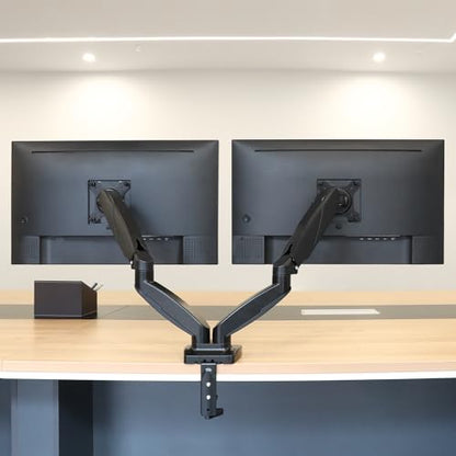 Amazon Basics dual monitor desk mount, gas spring monitor arm, adjustable, for monitors up to 27 inches (68.6 cm) in size, Black