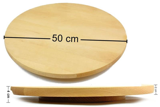 Lazy Susan: round, rotating wooden serving platter for cakes and pizza, 50 cm in diameter.
