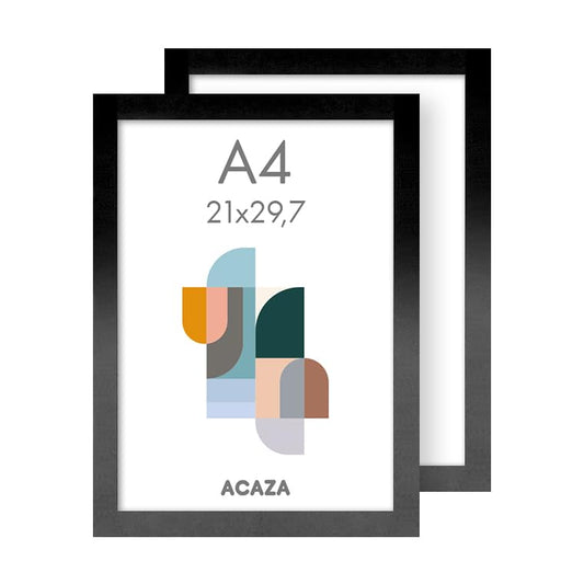 ACAZA A4 picture frame 21x29.7 cm 2-piece set Black, MDF wood with shatterproof acrylic glass, for photos, posters, and puzzles, wall mounting, vertical and horizontal format.