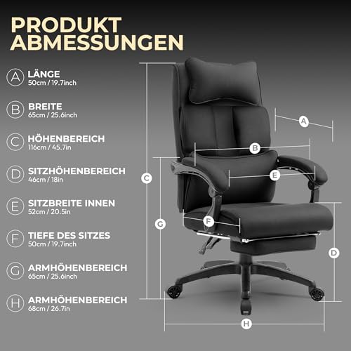 Dowinx office chair, ergonomic with footrest and padded armrest, fabric, high back swivel computer chair, adjustable executive chair up to 150 KG (Black)