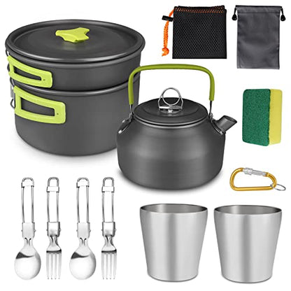AUTOPkio Camping Cookware Set, 14-Piece Camping Pots Outdoor Cooking Pot with 0.8L Teapot 2 Cups Foldable Utensils Aluminum Picnic Pot for 2-3 People Hiking BBQ (Set with Cups)