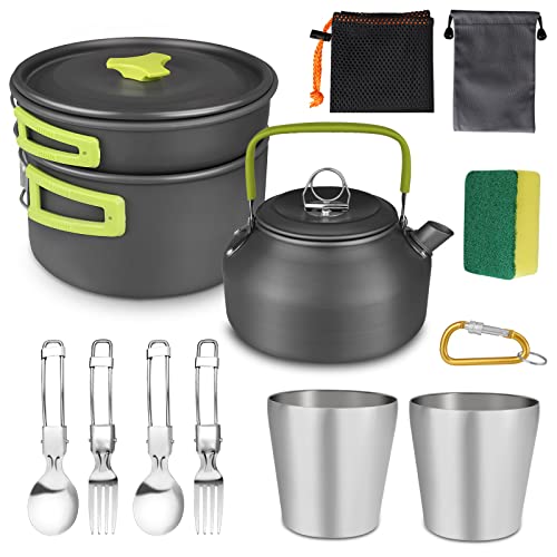 AUTOPkio Camping Cookware Set, 14-Piece Camping Pots Outdoor Cooking Pot with 0.8L Teapot 2 Cups Foldable Utensils Aluminum Picnic Pot for 2-3 People Hiking BBQ (Set with Cups)