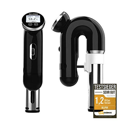 Allpax SVU Sous Vide cooker in black, for water baths up to 20 l, curved design with LED display, for vacuum cooking meat, fish & vegetables, 1200 W