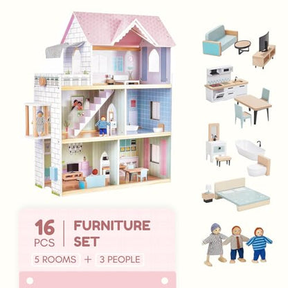 Giant wooden dollhouse, 80cm tall, with elevator, doorbell, lights, 15 furniture pieces, and 3 dolls. Toy gift for girls ages 3+.