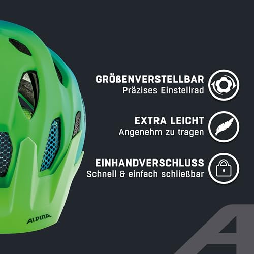 ALPINA CARAPAX JR. FLASH - Illuminated, Lightweight, and Safe LED bike helmet with insect net for children, green-blue, 51-56 cm.