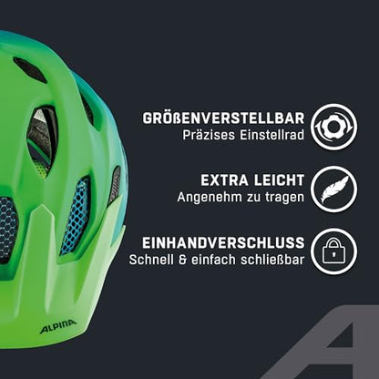 ALPINA CARAPAX JR. FLASH - Illuminated, Lightweight, and Safe LED bike helmet with insect net for children, green-blue, 51-56 cm.