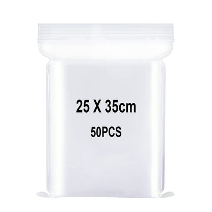 Ziplock bags, Resealable plastic bags, Large zip bags, Reclosable plastic bags, Thick and durable, Suitable for crafting, clothing storage, etc. 25x35cm 50 pieces.