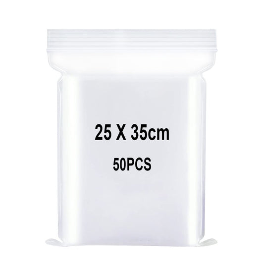 Ziplock bags, Resealable plastic bags, Large zip bags, Reclosable plastic bags, Thick and durable, Suitable for crafting, clothing storage, etc. 25x35cm 50 pieces.