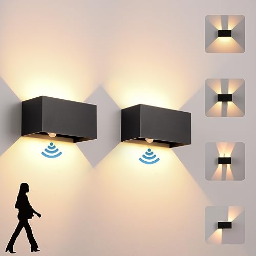 LED wall light for indoor/outdoor use with motion sensor, 24W wall lamp, IP65 waterproof outdoor wall light 3000K warm white wall lighting, outdoor light with adjustable up-down beam angle, black 2 pieces.
