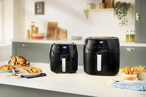 Russell Hobbs 4L Rapid AirFryer with small footprint, 7 cooking functions, and 10 programs. SatisFry is dishwasher safe, reaches up to 220°C, and is oil-free for frying, grilling, baking, and roasting. Model 27160-56.