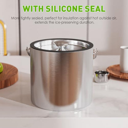 3.2L Insulated Ice Bucket with Silicone Lid, Tongs, and Strainer